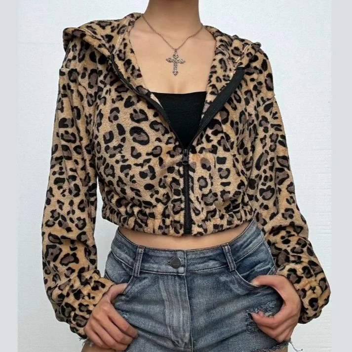 Hoodie long sleeve leopard print zip-up coat top Trench Wool Cashmere