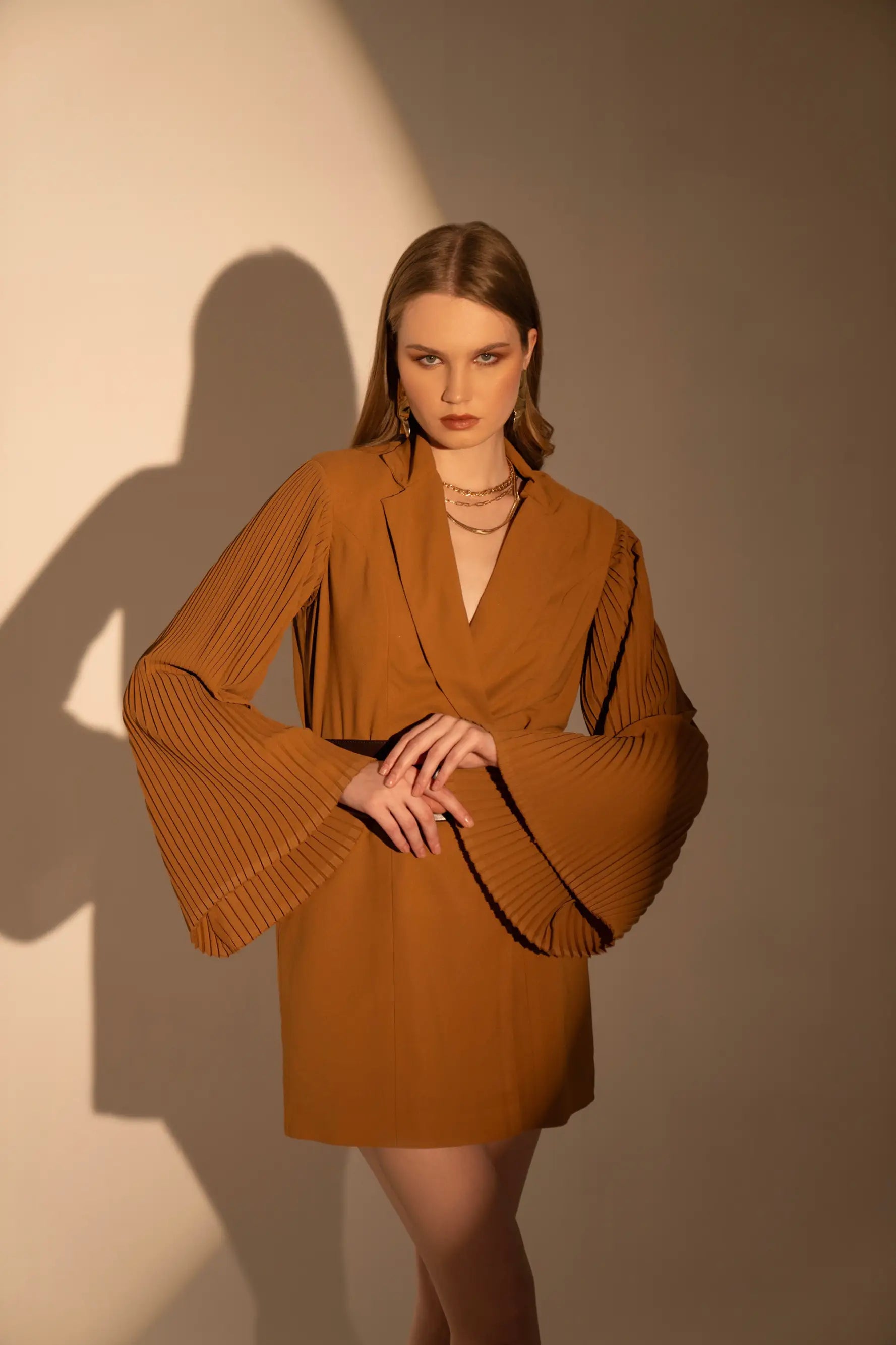 Sand Beige Pleated Sleeves Blazer Dress Women's Premium Blazer