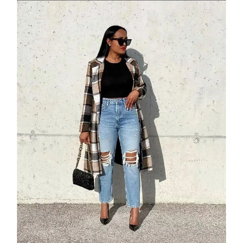 Plus Size Plaid Coat Buttoned Zippered Snapped