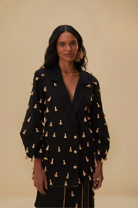 Black Raffia Fringed Blazer Women's Trench Blazer