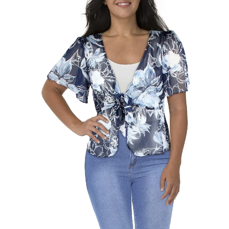 R&M Richards Womens Chiffon Printed Collarless Blazer Women's Party Jacket