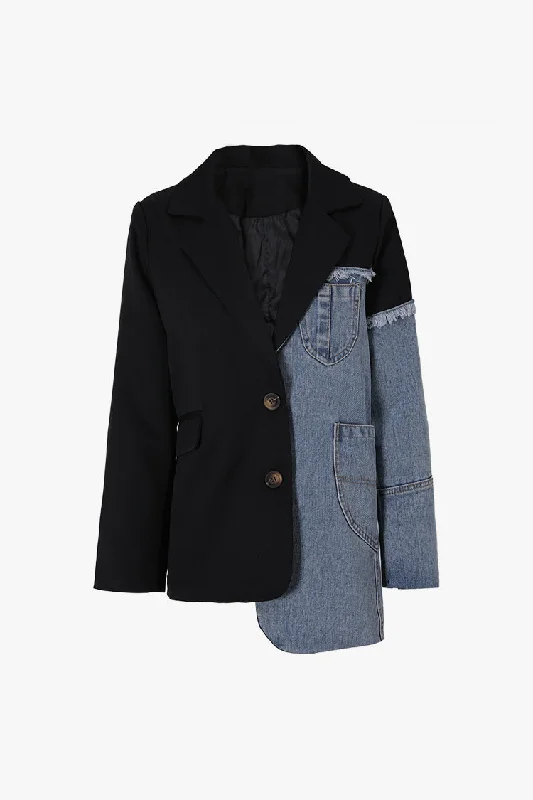 Asymmetric Lapel Shoulder Pad Single Breasted Frayed Denim Spliced Blazer Women's Boutique Suit