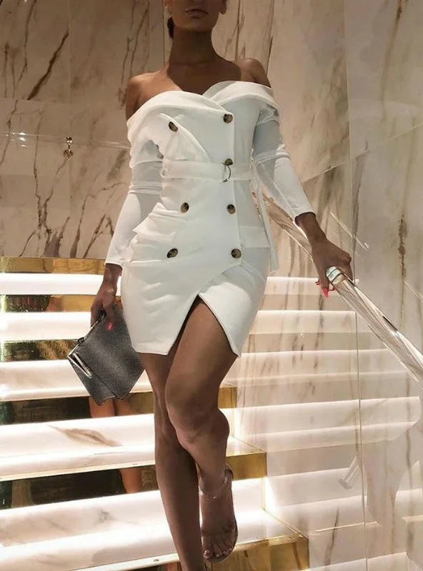 Women Long Sleeve Solid Double Breasted Slit Blazer Dress Women's Business Blazer