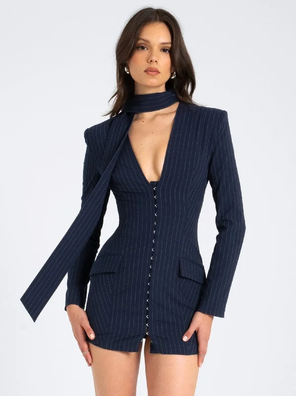 Tahlia Deep V Pinstripes Navy Blue Blazer Dress with scarf collar Women's Wedding Blazer Tahlia Deep V Pinstripes Navy Blue Blazer Dress with scarf collar Women's Wedding Blazer