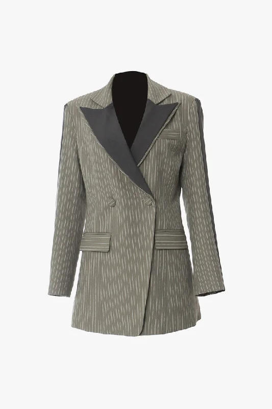 Contrast Layered Lapel Shoulder Pad Double Breasted Tailored Striped Blazer Women's Elegant Suit Contrast Layered Lapel Shoulder Pad Double Breasted Tailored Striped Blazer Women's Elegant Suit