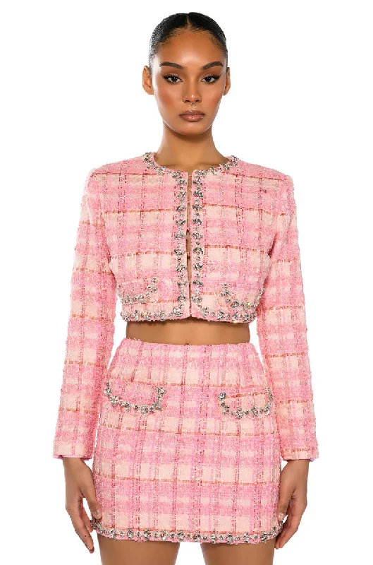BEND AND SNAP TWO PIECE TWEED BLAZER MINI SKIRT SET Women's Classic Suit