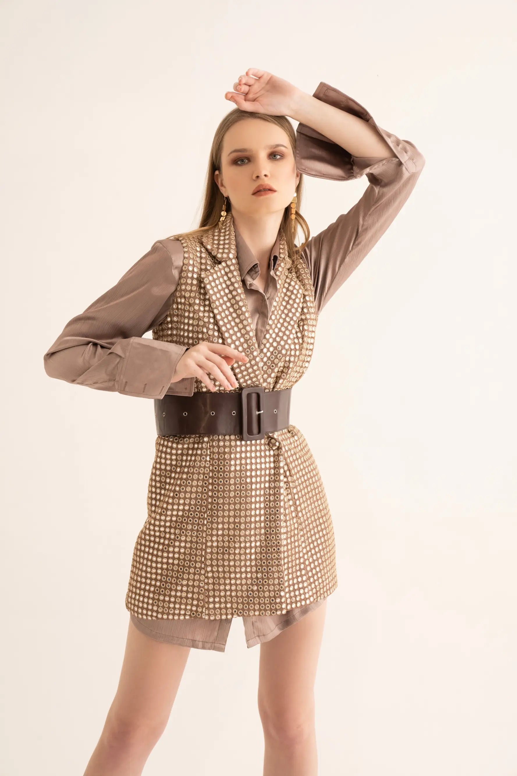 Dusty Rose Mirrorwork Sleeveless Blazer Dress Women's Luxurious Suit