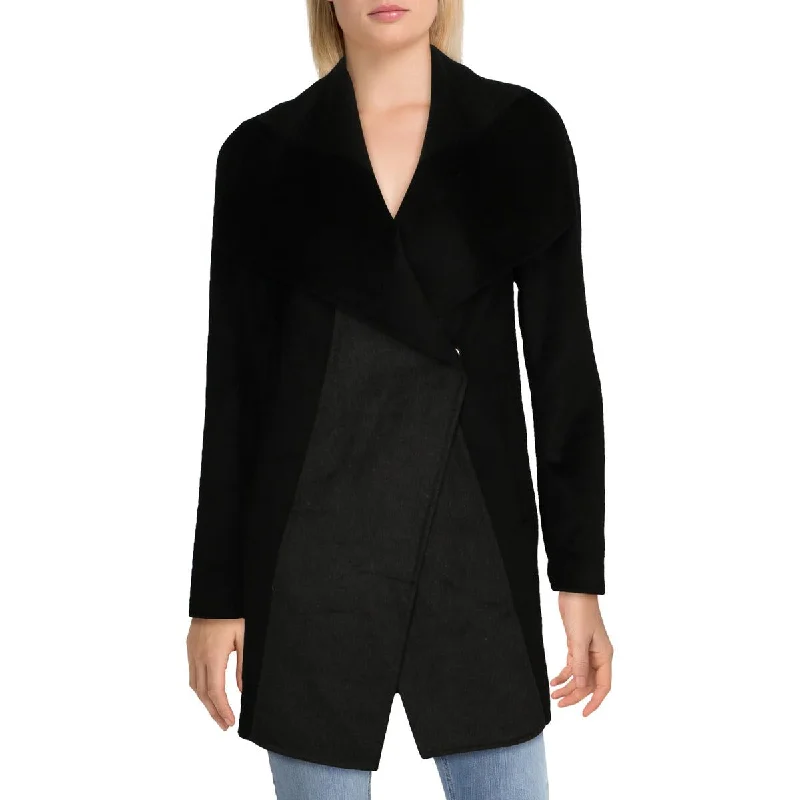 Tahari Nikki Women's Wool Blend Two Tone Double Face Coat Satin Silk Chiffon
