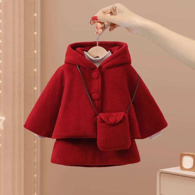 Girls' Woolen Hooded Coat Bowknot Dress Winter Three-piece Suit Stole Shawl Scarf