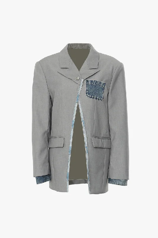 Edgy Notch Lapel Padded Shoulder Denim Panel Oversized One Button Blazer Women's Luxurious Jacket