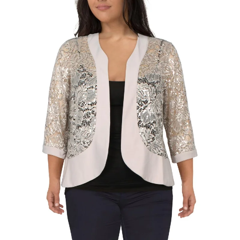 R&M Richards Womens Plus Lace Sequined Open-Front Blazer Slimming Women's Blazer