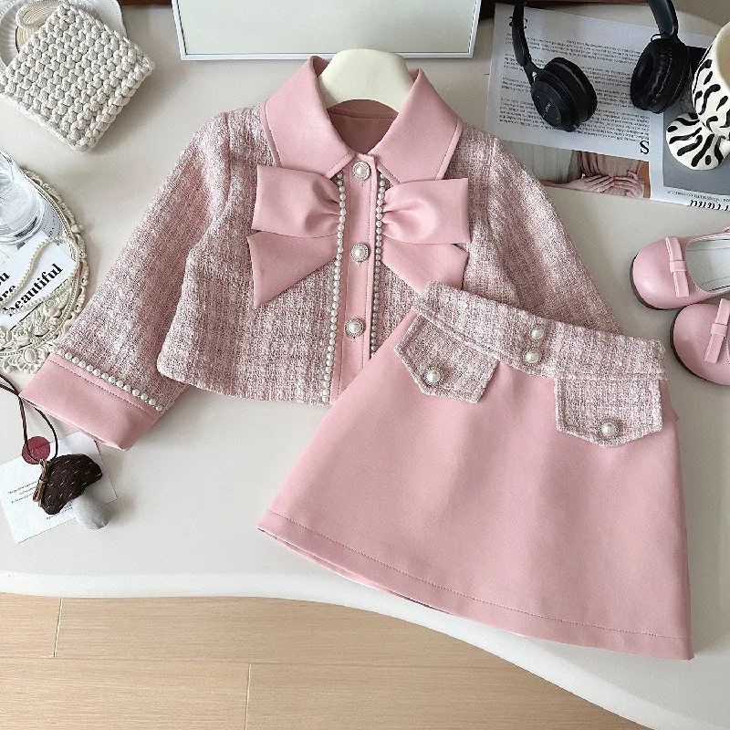 Girls Pink Skirt Coat Two Piece Set Parka Anorak Hoodie