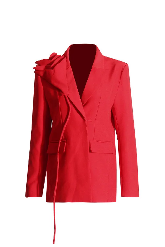 Romantic Rosette Embellished Lapel Padded Long Sleeve Long Boxy Blazer Women's Navy Jacket