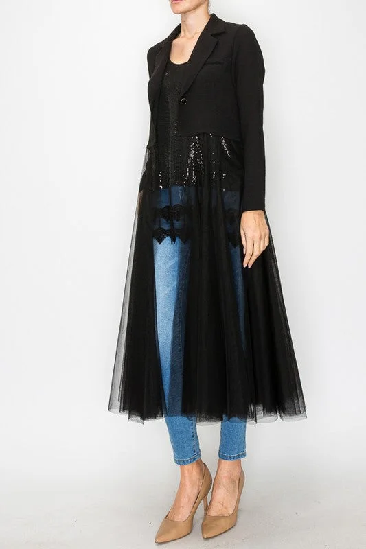 Origami Crop Blazer w/ Long Mesh Trim Women's Elegant Suit