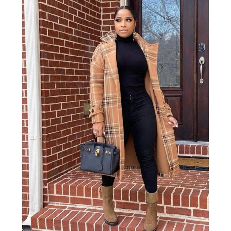 Long Buttoned Sleeve Coat Herringbone Houndstooth Plaid