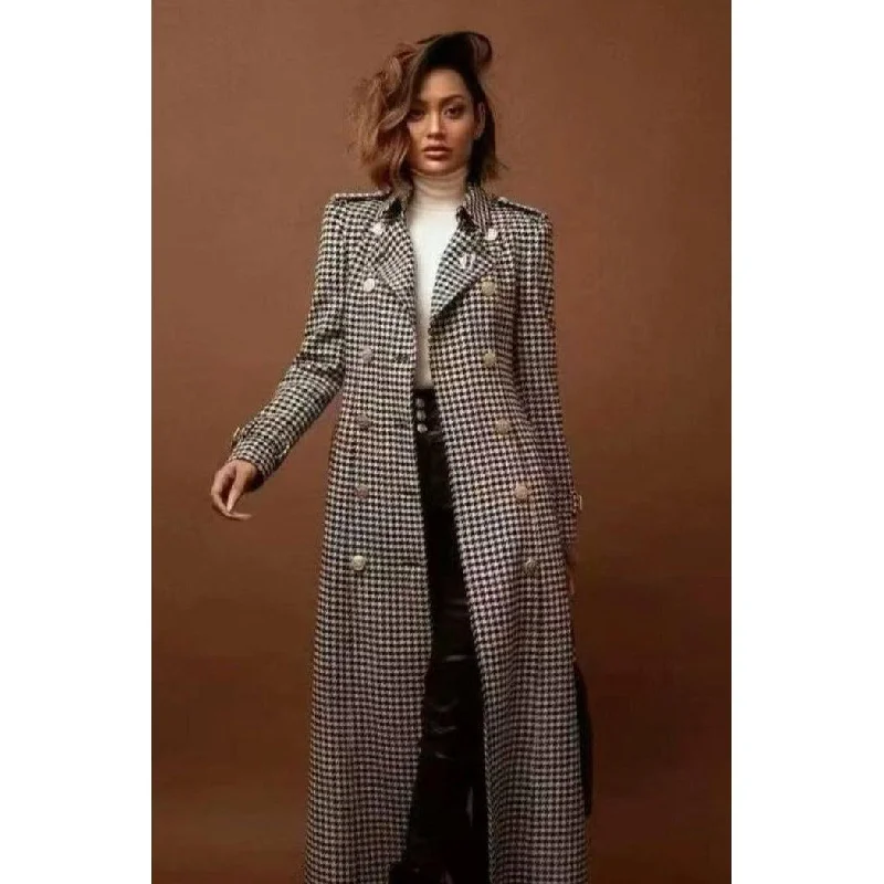 Plaid Double Breasted Long Coat Fitted Loose Oversized