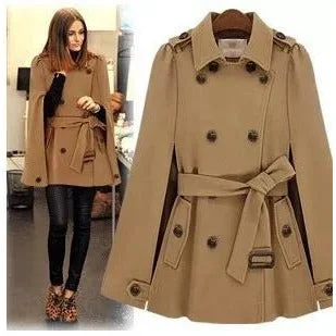 Winter Turn down Collar Belted Cape Coat  Suede Faux Fur Shearling