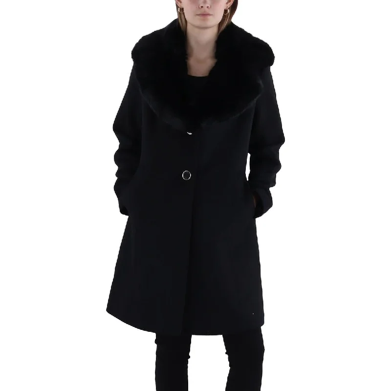 Via Spiga Womens Wool Faux Fur Trim Walker Coat Cotton Linen Terry