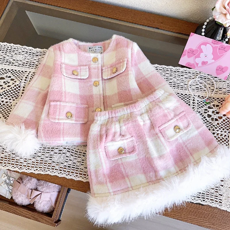 Girls Winter Plaid Fur Edge Coat Skirt Two-piece Set Cardigan Sweater Pullover