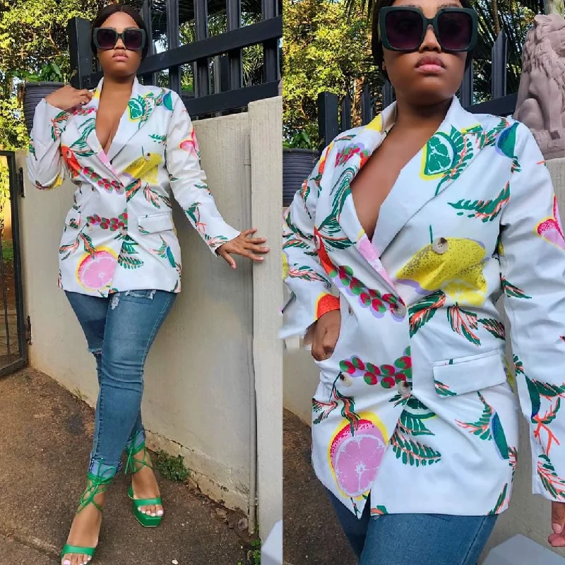Double Breasted Print Blazer Silk Women's Blazer