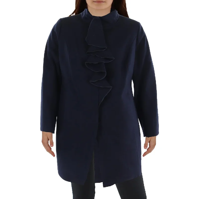 Tahari Womens Plus Wool BLend Ruffled Walker Coat Stand-Up Roll-Neck Turtle