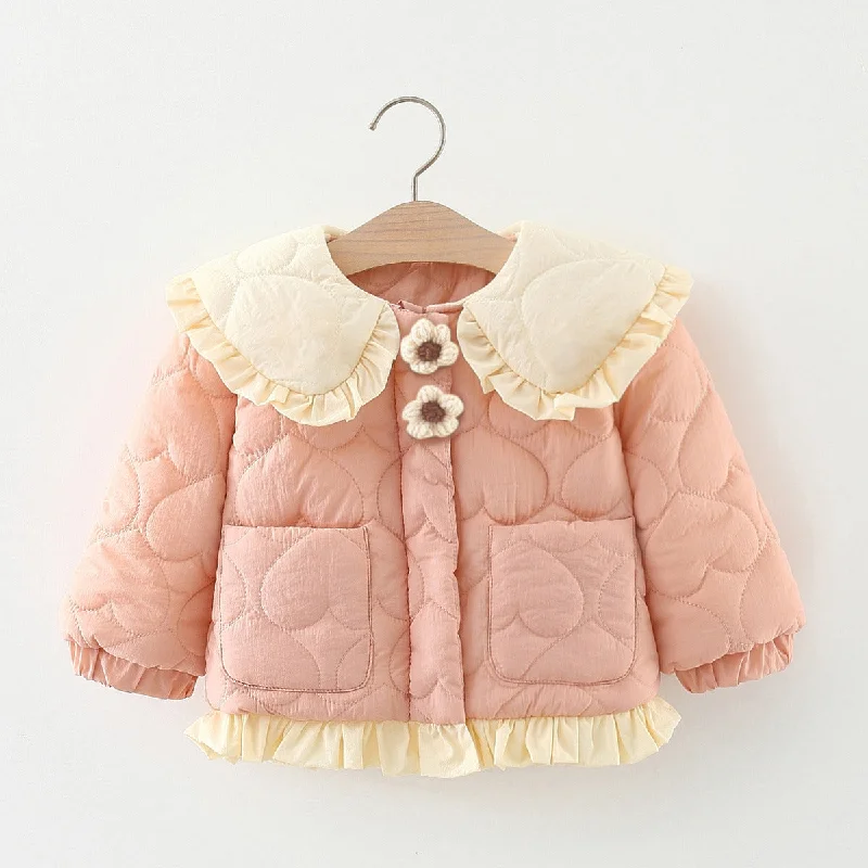Baby Girl Autumn And Winter Doll Collar Coat Toddler Playful Long-Sleeved Warm Coat Embroidered Appliqued Beaded