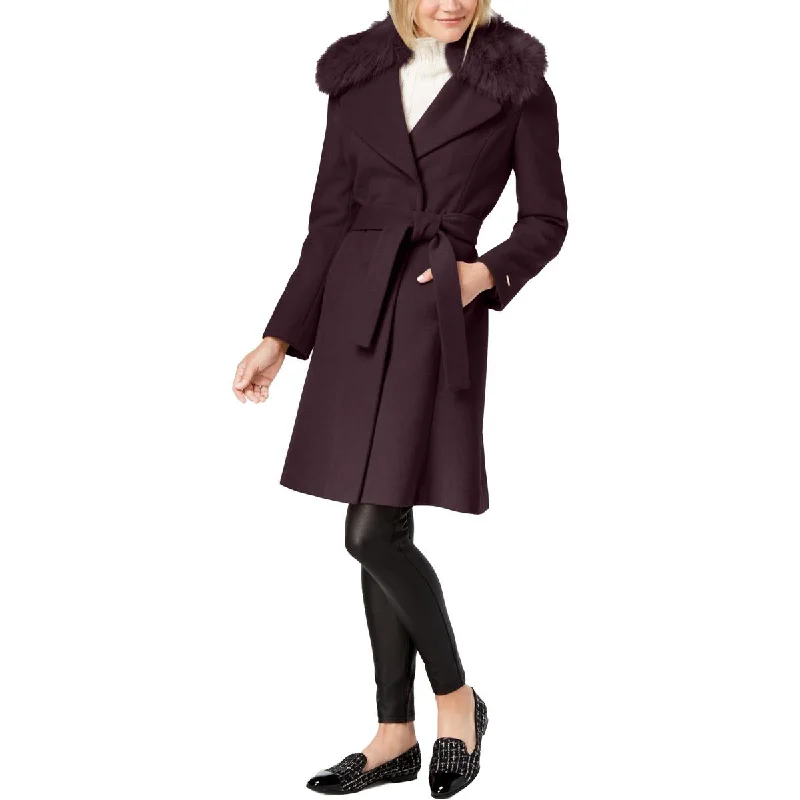 Tahari Fiona Women’s Faux Fur Collar Wool Blend Wrap Coat Zip Front Button Front Snap Front