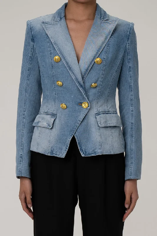 Structural Shoulder Pad Lapel Double Breasted Cinch Waist Faded Denim Blazer Women's High-End Blazer