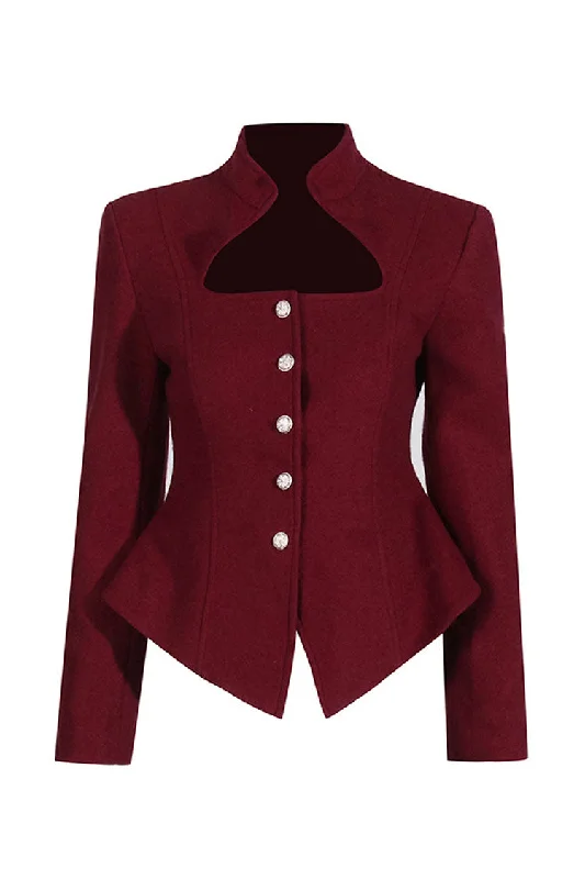 Vintage High Neck Strong Shoulder Faux Wool Single Breasted Peplum Blazer Women's Print Jacket