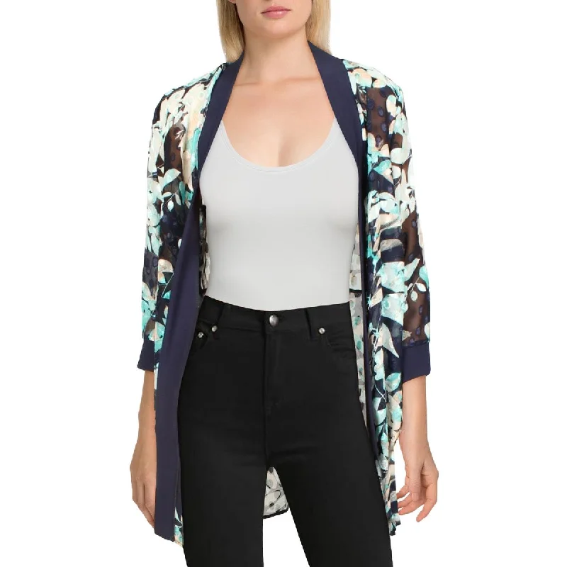 R&M Richards Womens Petites Chiffon Floral Duster Blazer Women's Travel Jacket