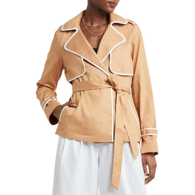 H Halston Womens Piping Cotton Trench Coat Wool Cashmere Tweed