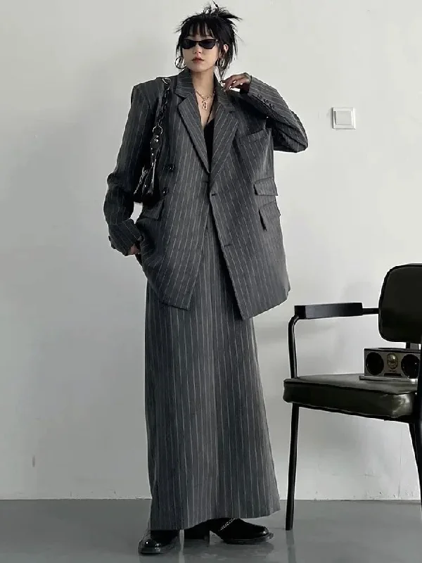 Gray Maxi Skirt Striped Oversized Women's Blazer Two Pieces Suit Milan Custom Blazer Gray Maxi Skirt Striped Oversized Women's Blazer Two Pieces Suit Milan Custom Blazer