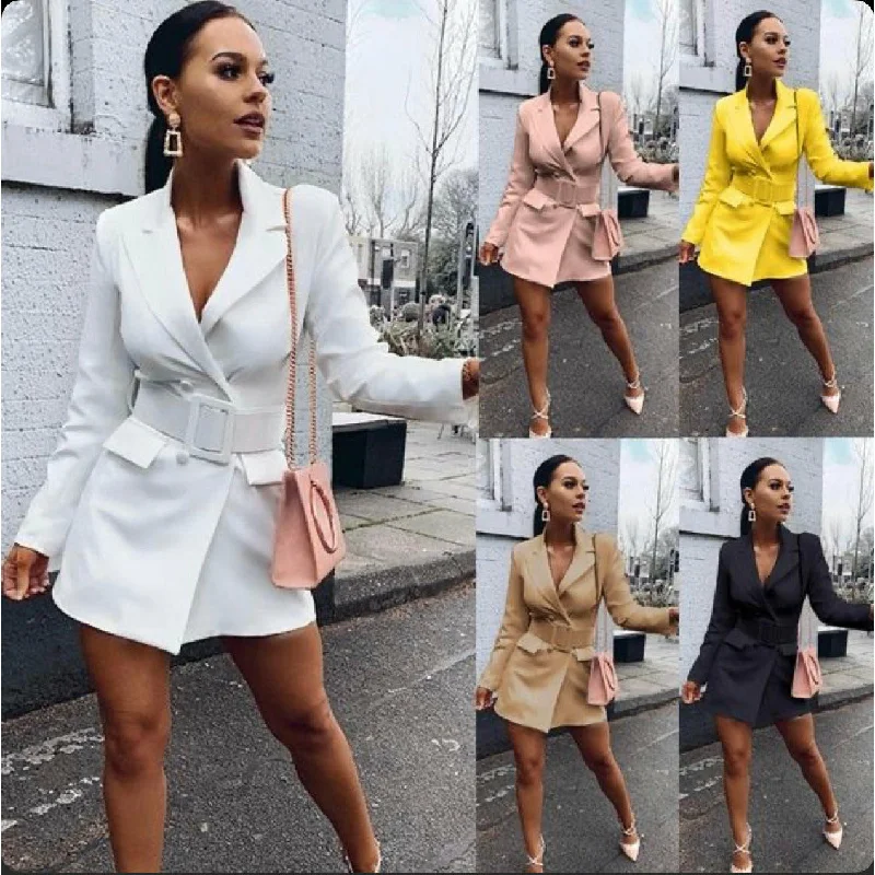 Double Breasted Belted Blazer Women's Navy Jacket
