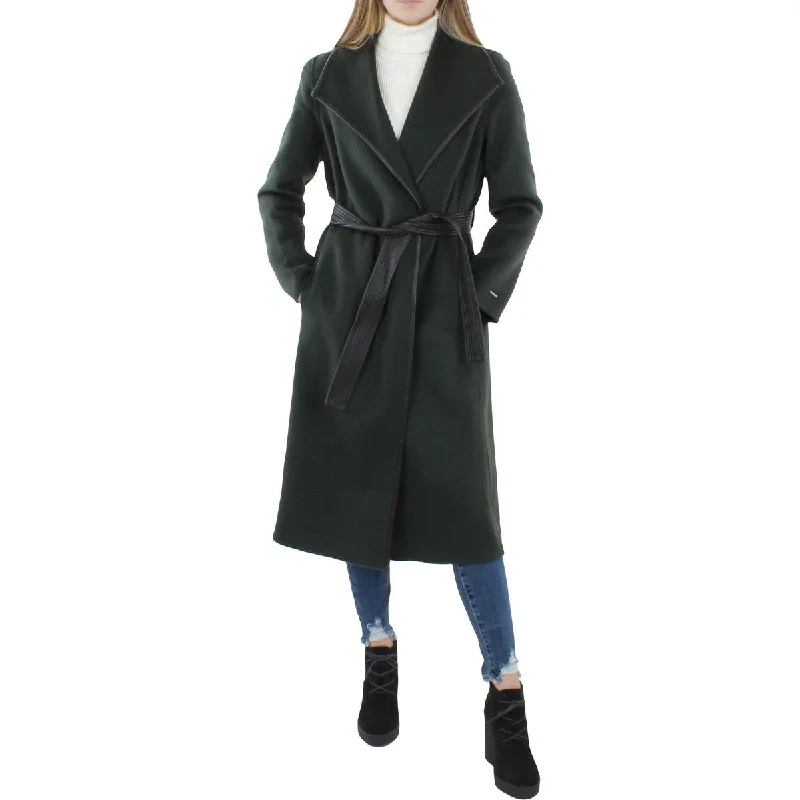 Tahari Juliette Women's Wool Blend Double Face Faux Leather Trim Belted Coat Front Pockets Side Pockets Patch Pockets