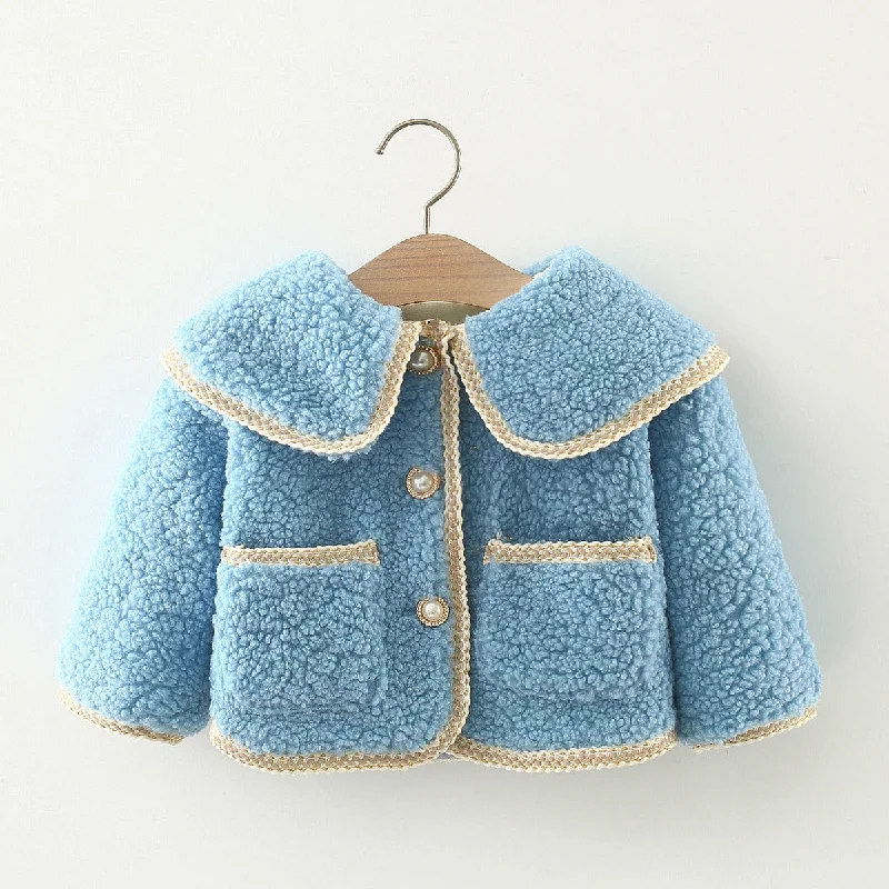 Baby Girl Pearl Button Coat Solid Print Jacquard
