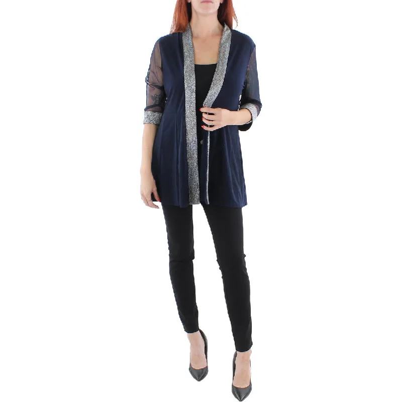 R&M Richards Womens Petites Mesh Inset Contrast Trim Duster Blazer Women's Print Jacket