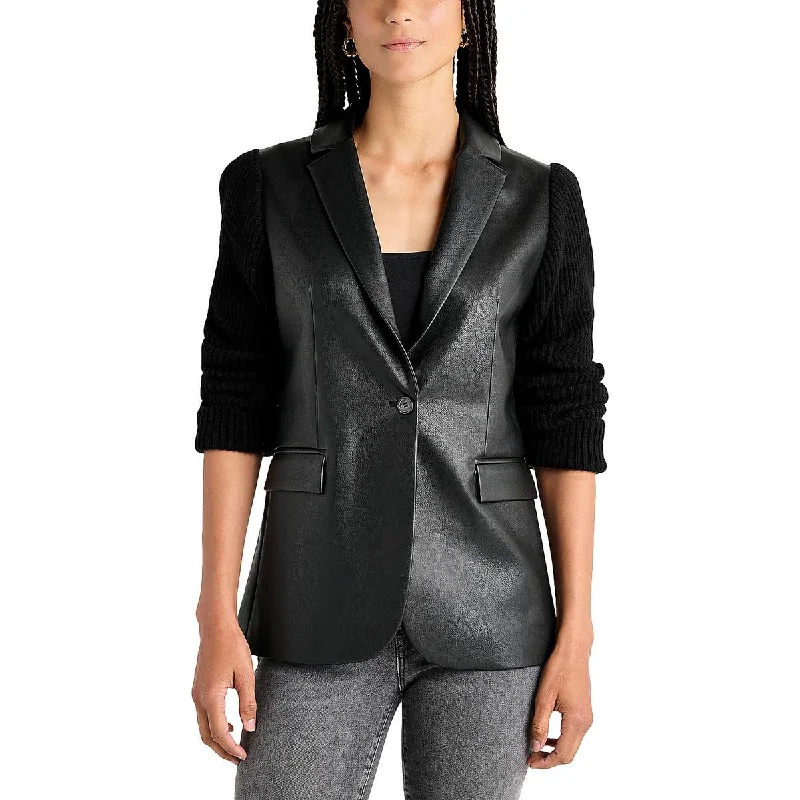 Splendid Womens Adina Faux Leather Mixed Media One-Button Blazer Women's Casual Suit Splendid Womens Adina Faux Leather Mixed Media One-Button Blazer Women's Casual Suit