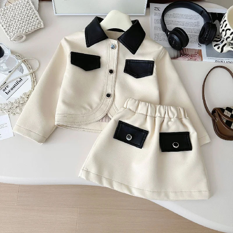 Girls Colorblock Leather Coat Short Skirt Two-Piece Set Vest Waistcoat Gilet