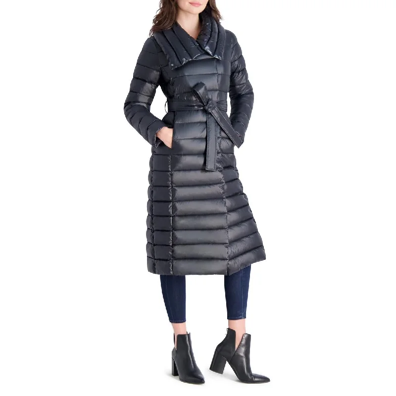 Via Spiga Women's Long Quilted Winter Puffer Coat with Belted Waist Vent Hem Cuff