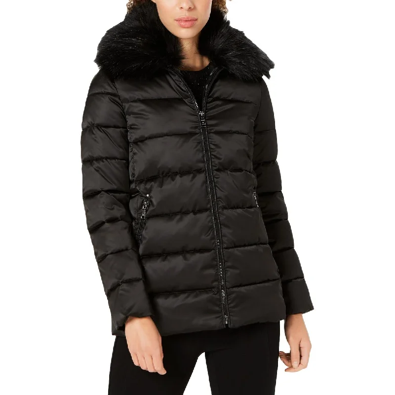 Tahari Gemma Women's Quilted Winter Puffer Coat with Removable Faux Fur Trim Faux Fur Real Fur Shearling