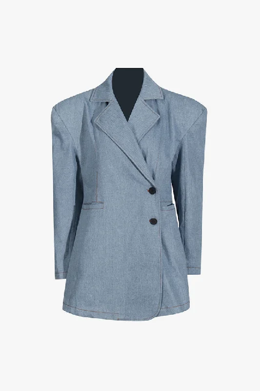 Powerful Strong Shoulder Long Sleeve Two Button Oversized Denim Blazer Women's Premium Blazer