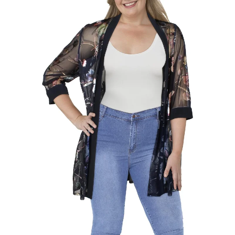 R&M Richards Womens Plus Mesh Foiled Duster Blazer Women's Trendy Jacket