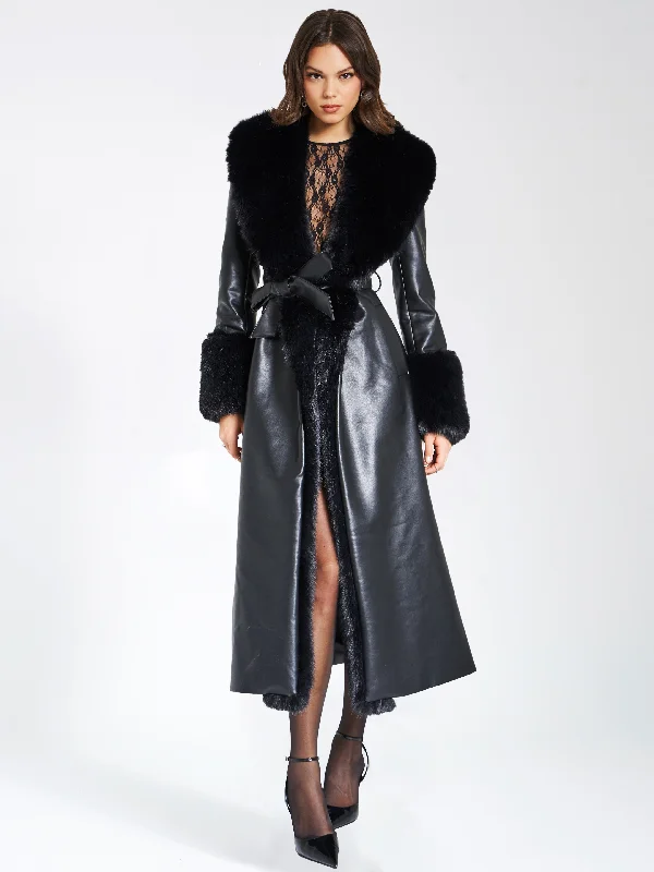 Zaida Black Vegan Fur Trim Black Vegan Leather Coat Turtleneck Wrap Cape