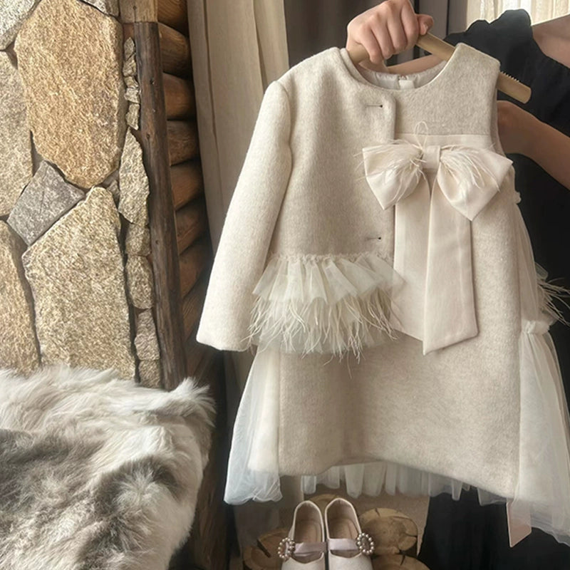 Girls Woolen Coat Set Bow Vest Dress Princess Dress Kimono Robe Cloak