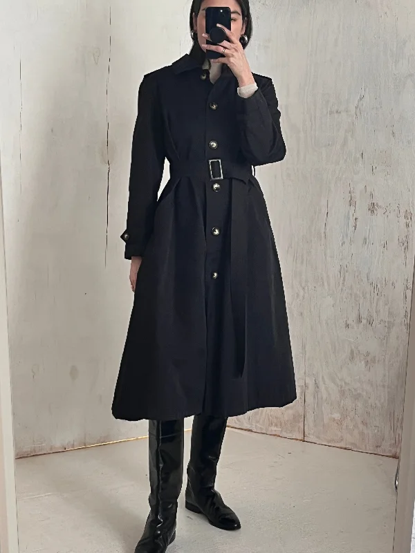 90s DKNY Matte Black Trench Coat Dress Boat Neck Jacket Square Neck Jacket One-Shoulder Jacket