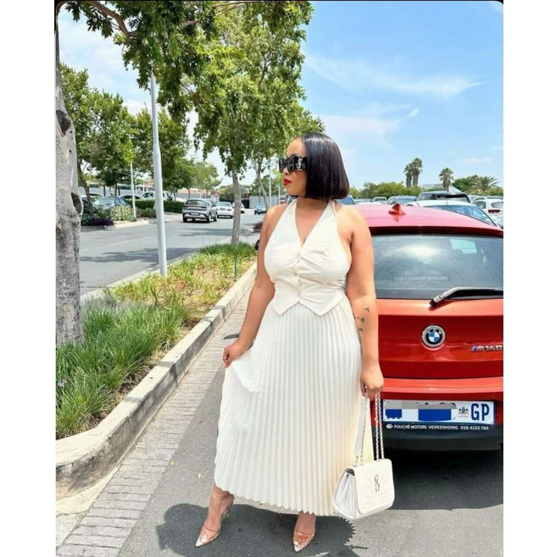 Suit Vest Buckle Blazer Top And Pleated Maxi Skirts Formal Sets Women's Unique Blazer