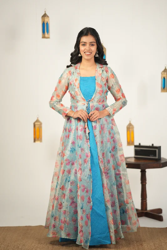 Sky Blue Semi Silk Kurti with Floral Ditachable Over Coat model Mesh Canvas Denim