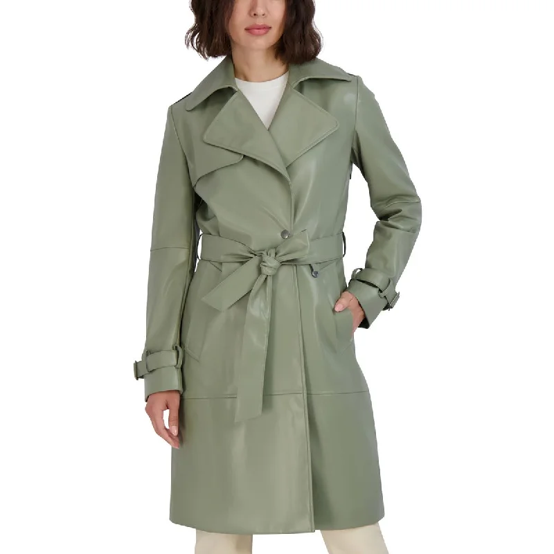 Tahari Womens Vegan Leather Belted Trench Coat Blazer Duffle Coat Pea Coat
