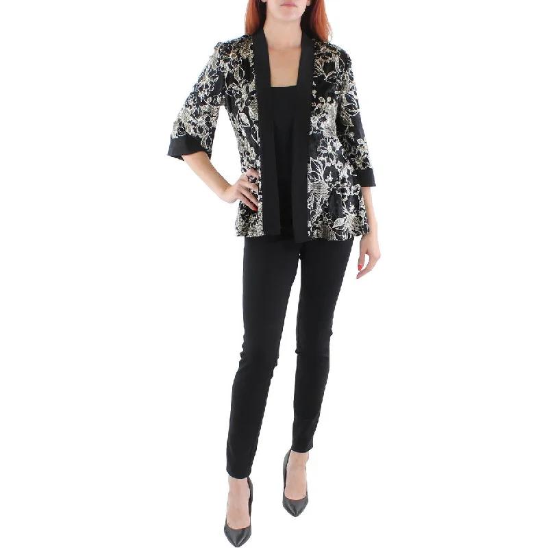 R&M Richards Womens Petites Metallic Velvet Open-Front Blazer Women's Vintage Suit