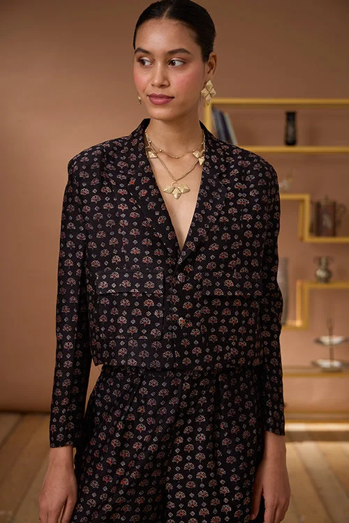Okhai "Black Agate" Handblock Printed Chanderi Silk Ajrakh Blazer Women's Designer Suit Okhai "Black Agate" Handblock Printed Chanderi Silk Ajrakh Blazer Women's Designer Suit